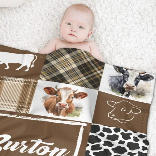 Miniatura 2 de Manta de bebé personalizada con estampado de vaca, nombre personalizado, manta de cumpleaños para recién nacido, manta de recepción para niño