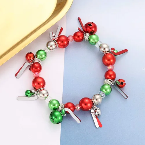 Miniatura 6 de 3pcs Christmas Jingle Bell Bracelets Xmas Multi Color Beaded Charm Stretch Bracelet Christmas Holiday Party Favors for Women Jewelry Gift
