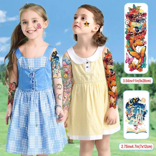 Miniatura 2 de 52 piezas de tatuajes temporales para niños de brazo completo con castillo, mariposa, gato, camión, dinosaurio, cohete, planeta, lindo animal