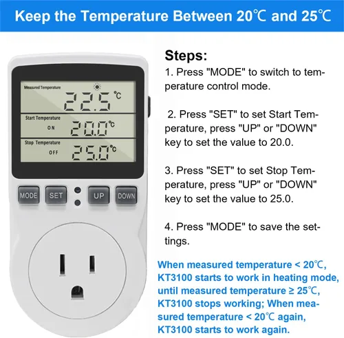 Miniatura 6 de KETOTEK Enchufe de termostato digital, controlador de temperatura de toma de salida 120V, control de calefacción y enfriamiento 110V 15A, pantalla