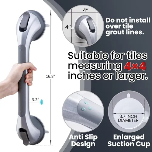 Miniatura 4 de TAILI - Barras de sujeción para la ducha con ventosa, paquete de 2 unidades, de 16 pulgadas, resistente y removible, sin taladro, impermeable