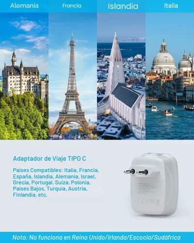 Miniatura 2 de Paquete de 2 adaptadores de enchufe de viaje europeo, VINTAR Adaptador de enchufe de alimentación internacional con 1 USB C, 2 salidas americanas