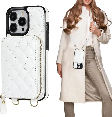 Miniatura 15 de Bocasal Funda tipo cartera cruzada para iPhone 13 Pro, con bloqueo RFID, de piel sintética, con cremallera, funda tipo cartera con función atril