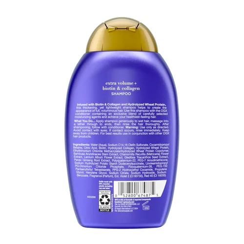 Miniatura 7 de OGX Champú voluminizador de colágeno extra fuerte con vitamina B7 y proteína de trigo hidrolizada para cabello fino. Tensioactivos sin sulfato