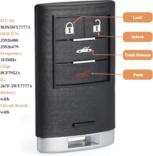 Miniatura 2 de Keyecu Llavero inteligente de repuesto de 4 botones para Chevrolet Corvette 2008-2013, ID de la FCC M3N5WY7777A, P/N: 25926479 25926480