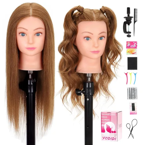 Miniatura 8 de Cabeza de Maniquí de Cabello Humano con Soporte de Trípode 22"-24" Femenina Cabeza de Maniquí de Cabello 100% Humano Cabeza de Maniquí para Peinado
