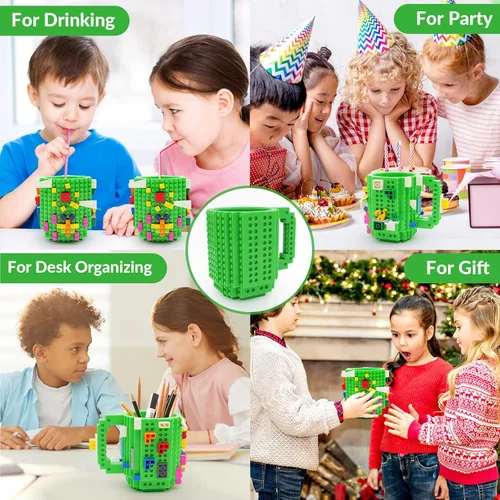 Miniatura 8 de Lumsburry Taza de café de ladrillo integrada, divertida taza de bricolaje con bloques de construcción creativa para niños, hombres y mujeres, Verde