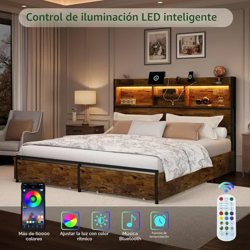 Miniatura 4 de LARMACE Base de cama tamaño Queen con 6 cajones de almacenamiento y cabecero, plataforma de madera con luces LED y estación de carga, fácil montaje