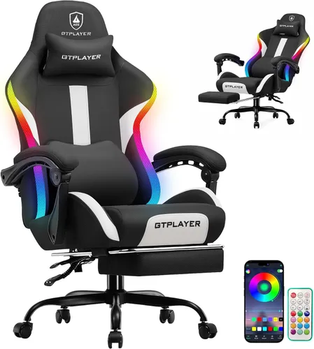 GTPLAYER Silla RGB para juegos con reposapiés, luces LED, silla ergonómica para computadora con reposabrazos de varillaje, tela transpirable para