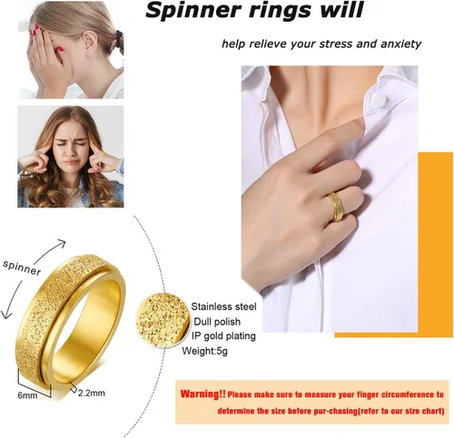 Miniatura 5 de 5 anillos giratorios chapados en oro de 18 quilates para la ansiedad, cadena de mariposa de acero inoxidable, con incrustaciones de circonita