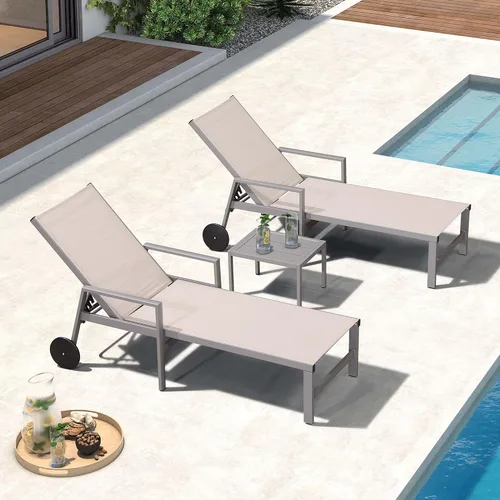 Miniatura 10 de PURPLE LEAF Juego de tumbonas para exteriores para 2 sillas de piscina de gran tamaño con ruedas fáciles de mover y respaldo ajustable, tumbonas