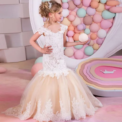Miniatura 2 de Vestidos de sirena para niña de flores para boda, encaje blanco, tul champán, vestido de dama de honor con cola