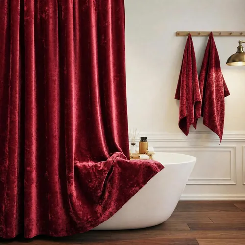 Miniatura 12 de TAMGHO Cortina de ducha negra para baño, lujosa cortina de ducha de terciopelo aplastado negro, juego de cortina de ducha oscura con ganchos