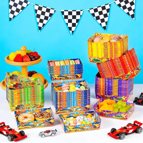 Miniatura 5 de 120 bandejas de papel con temática de carreras, bandeja desechable de aperitivos para autos de carreras, bandeja para servir comida a granel