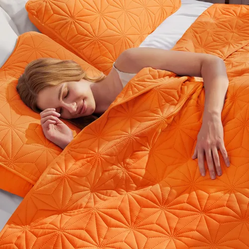 Miniatura 7 de Juego de ropa de cama Whale Flotilla King, colchas suaves de color naranja para cama tamaño King, 3 piezas de colcha geométrica ligera