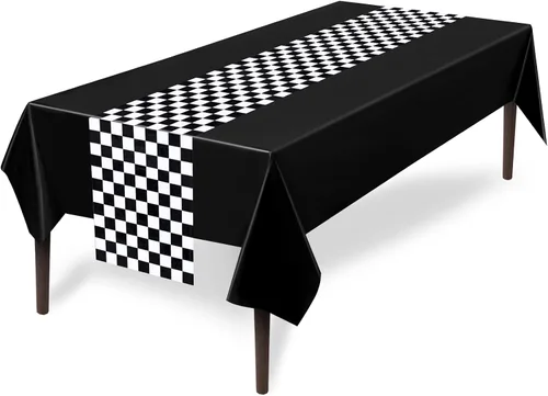 Tallew Suministros de fiesta de automóvil a cuadros, mantel desechable de plástico para mesa de carreras en blanco y negro, camino de mesa de