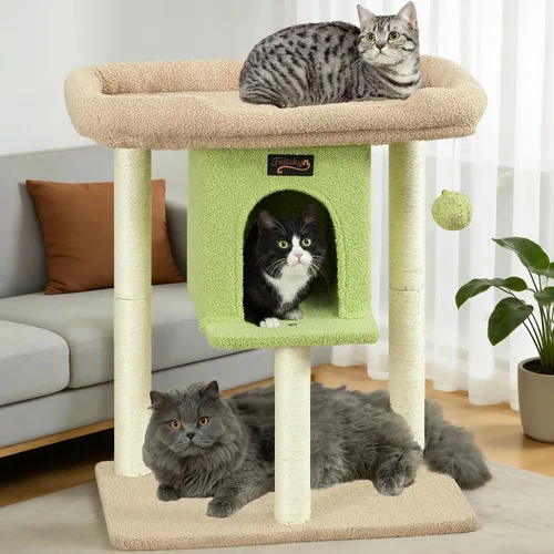 Miniatura 15 de Poste rascador de torre para gatos grandes de interior, árbol pequeño para gatos con cama grande, casa de árboles de 28 pulgadas de alto con cueva