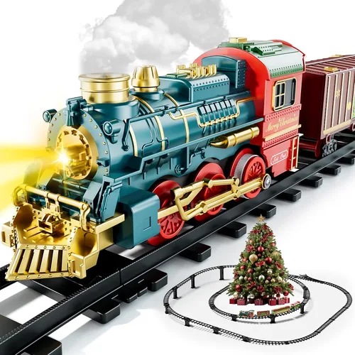 Juego de tren para niños de 4 a 8 años, humo, juego de tren de Navidad con luces de humo y sonido, juguetes eléctricos clásicos para trenes de pista
