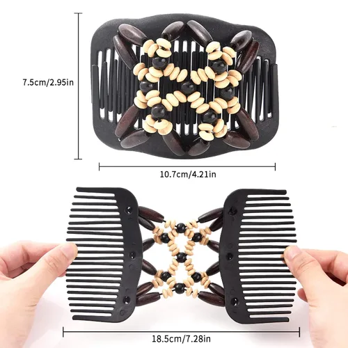 Miniatura 2 de Yeshan Peines Mágicos para el Cabello para Mujeres con Cuentas de Madera Elásticos Extensibles Dobles Peines Laterales Ajustables Clips Elásticos