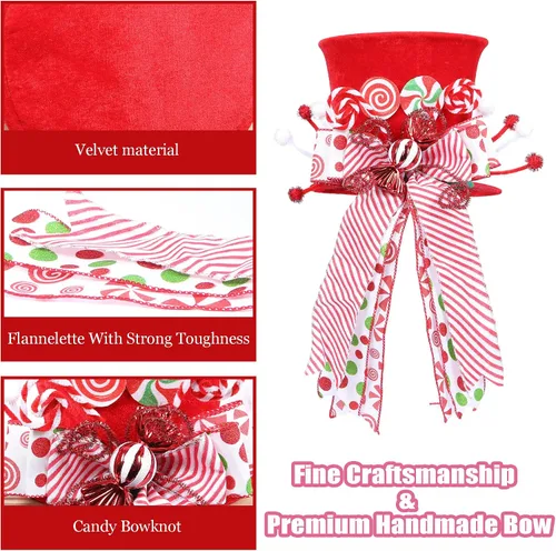 Miniatura 5 de HMASYO Decoración para árbol de Navidad de bastón de caramelo, sombrero rojo de terciopelo con lazos de menta de caramelo, adorno de cinta