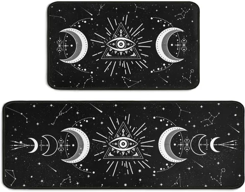 Miniatura 16 de Juego de 2 alfombras de cocina de mal de ojo, psicodélicas, antideslizantes, impermeables, cómodas, para decoración del hogar, sala de estar, 17 x