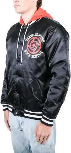 Miniatura 2 de Bioworld Jujutsu Kaisen TJHS Logo Men's Navy Hooded Satin Bomber Jacket
