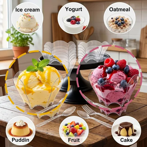 Miniatura 10 de Tebery Paquete de 100 mini tazas de postre Parfaits con 100 cucharas, cuenco pequeño transparente de 2.5 onzas para probar postres de fiesta