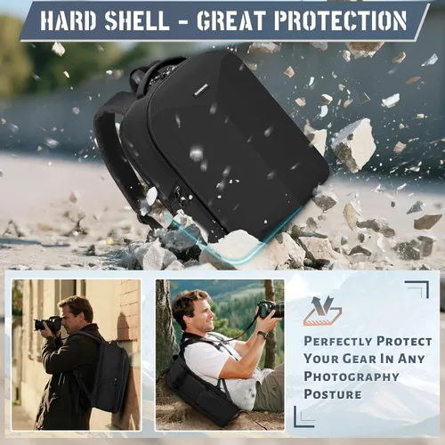 Miniatura 4 de RAINSMORE Mochila para cámara de carcasa dura para DSLR/SLR, bolsa impermeable para cámara con compartimento para laptop de 15.6 pulgadas, estuche