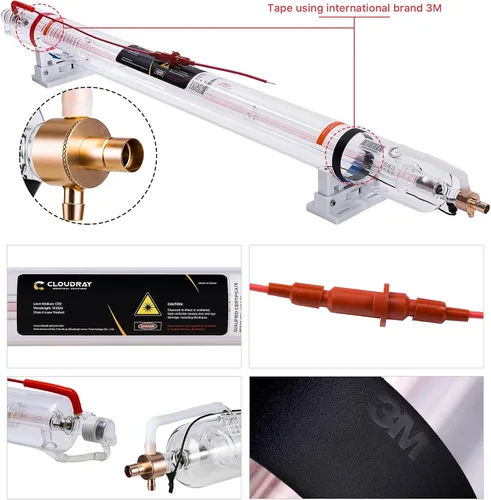 Miniatura 3 de Cloudray 90W Tubo láser de CO2 90W-100W, diámetro de 1250mm y 80mm de diámetro del cable. Preconectado con revestimiento, tubo láser CO2 de 90