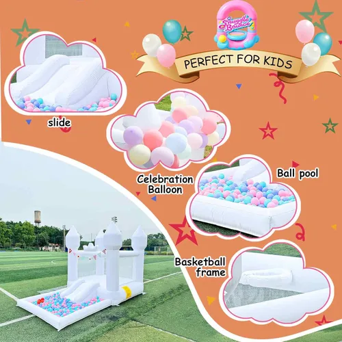 Miniatura 5 de Casa inflable saltarina blanca de 12.5 pies x 7.1 pies con tobogán y piscina de pelotas, juguetes para interiores y exteriores para niños activos