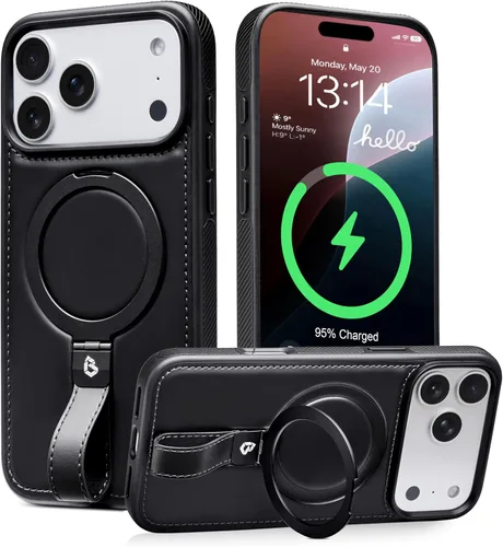 Miniatura 10 de Butaiga - Funda para iPhone 12 Pro Max con correa de cuero, soporte de anillo, color negro Finger Loop, Relieve Smartphone Pinky Strain