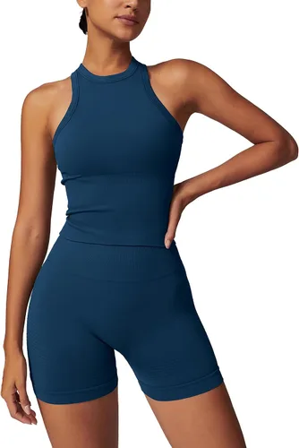 Miniatura 30 de Conjuntos de entrenamiento para mujer, 2 piezas, sin costuras, acanalada, sin mangas, brasier deportivo, cintura alta, pantalones cortos