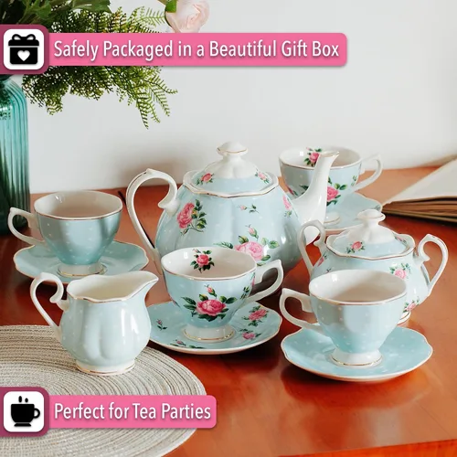 Miniatura 6 de BTaT - Juego de té floral para adultos, 13 piezas, servicio para 4, olla (38 onzas) y tazas (8 onzas) con platillos, diseño floral azul pastel