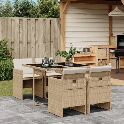 5-Piece Patio Dining Set with Cushions Beige Poly Rattan Foldable Chairs Tempered Glass Table for Outdoor Garden Balcony Furniture