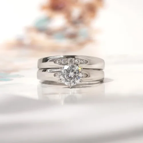 Miniatura 2 de Juego de anillos de boda solitarios de plata de ley con circonita blanca de 0.236 in (talla 5 a 10)