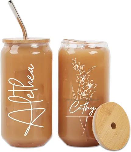 Mostop Vaso de café helado personalizado con tapas y pajitas, vaso de flor de nacimiento personalizado, regalo para el día de la madre y cumpleaños,