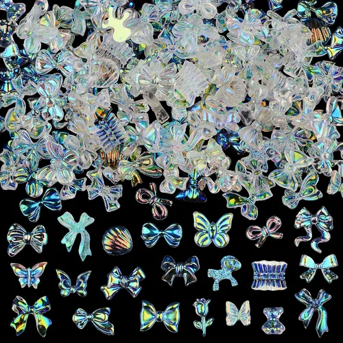Miniatura 12 de Lindos dijes para uñas 3D, 100 piezas de conejo mariposa flor lazo, dijes de arte para uñas mixtos de diamantes de imitación de uñas con parte Rosa