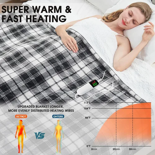 Miniatura 2 de Manta térmica negra eléctrica, manta térmica de 50 x 60 pulgadas con 10 niveles de calor y 8 horas de apagado automático, manta de sherpa suave a