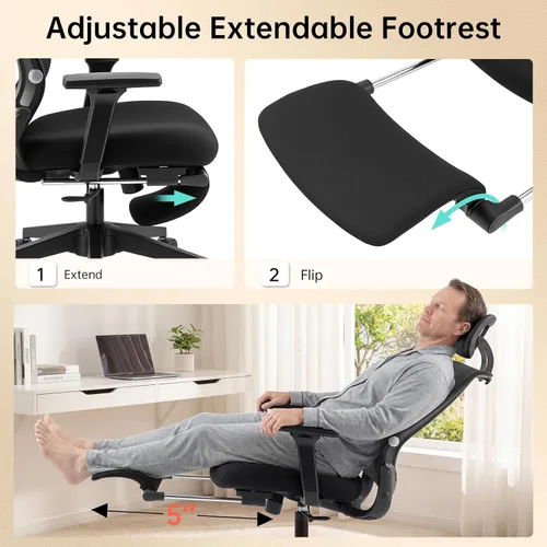Miniatura 5 de Silla de oficina plegable con reposapiés, silla de oficina ergonómica con soporte lumbar ajustable, reposacabezas, reposabrazos, sillas de Negro