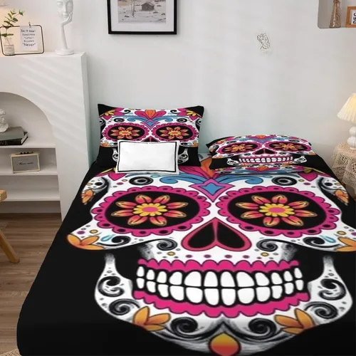 Miniatura 3 de Juego de sábanas de calavera de azúcar tamaño individual, sábanas de microfibra suave y bolsillo profundo y sábanas y fundas de almohada, 1 sábana