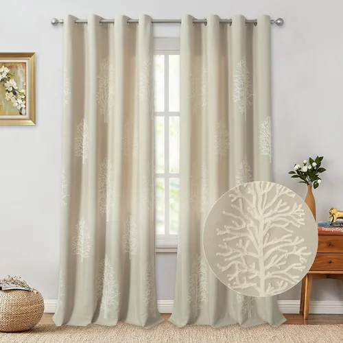 Miniatura 9 de VOGOL - Cortinas con ojales bordadas con patrón floral elegante de lino sintético, 2 paneles, 60% opacas con aislamiento térmico, cortinas pesadas