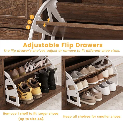 Miniatura 4 de FATORRI Banco con almacenamiento para zapatos para entrada, bancos de madera con puerta abatible y cajones, gabinete organizador de zapatos
