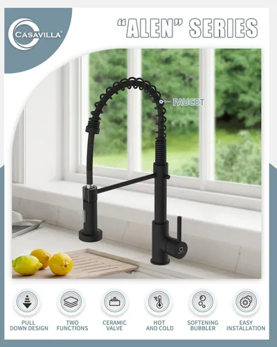 Miniatura 2 de Grifo de cocina, grifos de fregadero de cocina negros con rociador extraíble, grifos de acero inoxidable de una sola manija para fregaderos