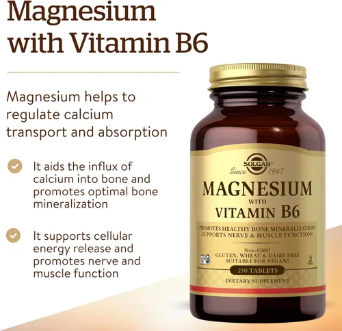 Miniatura 3 de Solgar Magnesio con Vitamina B6, 250 Tabletas - Promueve la Mineralización Ósea Saludable, Apoya la Función Nerviosa y Muscular, Metabolismo