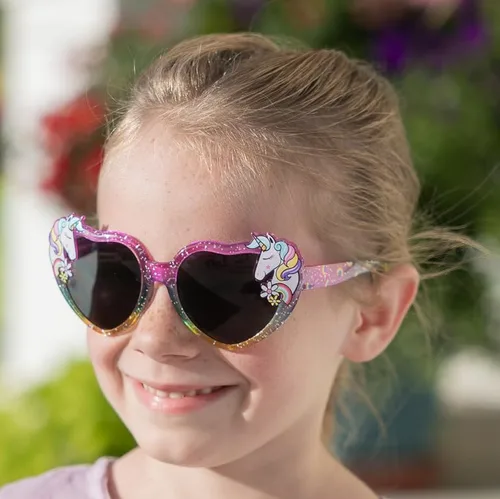 Miniatura 4 de ShadyVEU Gafas de sol para niños con forma de corazón, diseño de unicornio con purpurina y arco iris, para fiesta mágica, a prueba de roturas