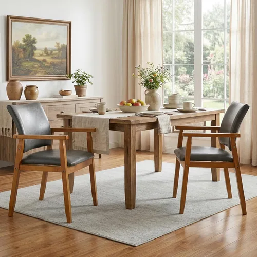 Miniatura 14 de NOBPEINT Mid-Century - Juego de 2 sillas de comedor modernas con reposabrazos, tapizadas de piel sintética con marco de madera maciza, sillones