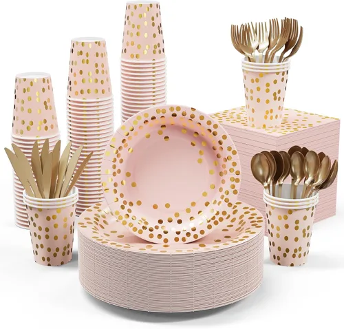 Suministros de fiesta rosa y dorado, juego de vajilla desechable de 350 piezas, platos de papel rosa, servilletas, vasos, tenedores de plástico Rosa