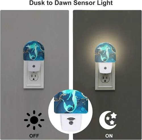 Miniatura 3 de Luz nocturna de acuarela turquesa con sirena para niños, luz nocturna de mármol azul marino dorado enchufable con sensor de atardecer a amanecer