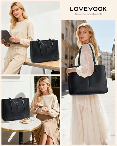 Miniatura 4 de LOVEVOOK: bolsa de mano para laptop para mujeres, bolsa de trabajo de cuero PU con 3 compartimentos, bolsa impermeable para computadora para viajes