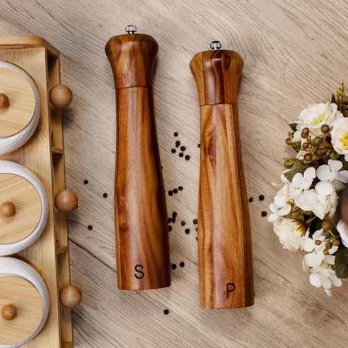 Miniatura 4 de Paquete de 2 Molinillos de Sal y Pimienta de Madera de Acacia de 10 Pulgadas, Molinos Manuales de Sal y Pimienta, Molinillo de Sal Rellenable con 10